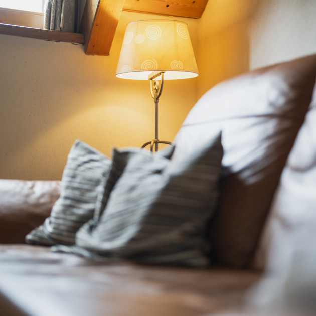 Auf dem Bild sind zwei Kissen auf der Ledercouch zu sehen und im Hintergrund eine hell erleuchtete Stehlampe.